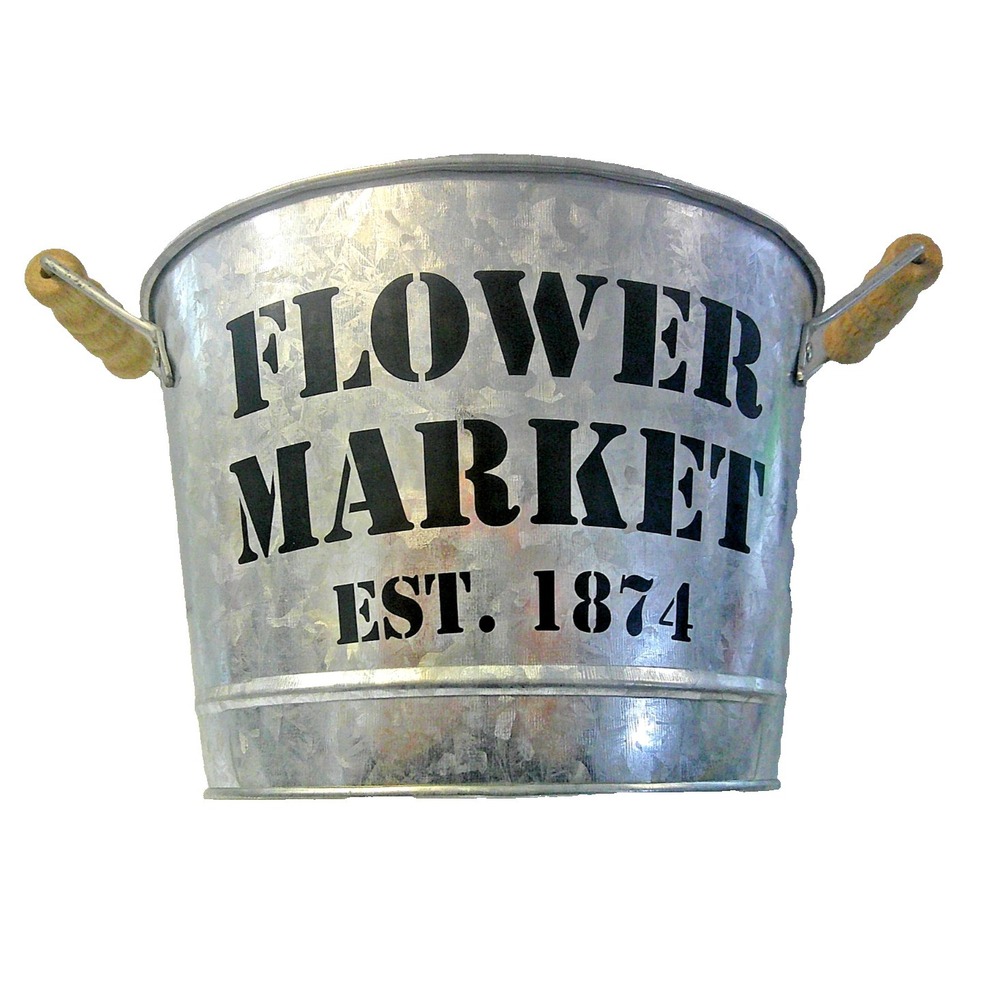 NEW Flower Market Est. 1874 metal and wood decorative bucket with wooden handles